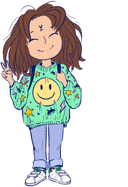 Tiziri, petite fille aux cheveux bouclés, sweat vert à smiley, qui sourit en faisant un signe de la main.